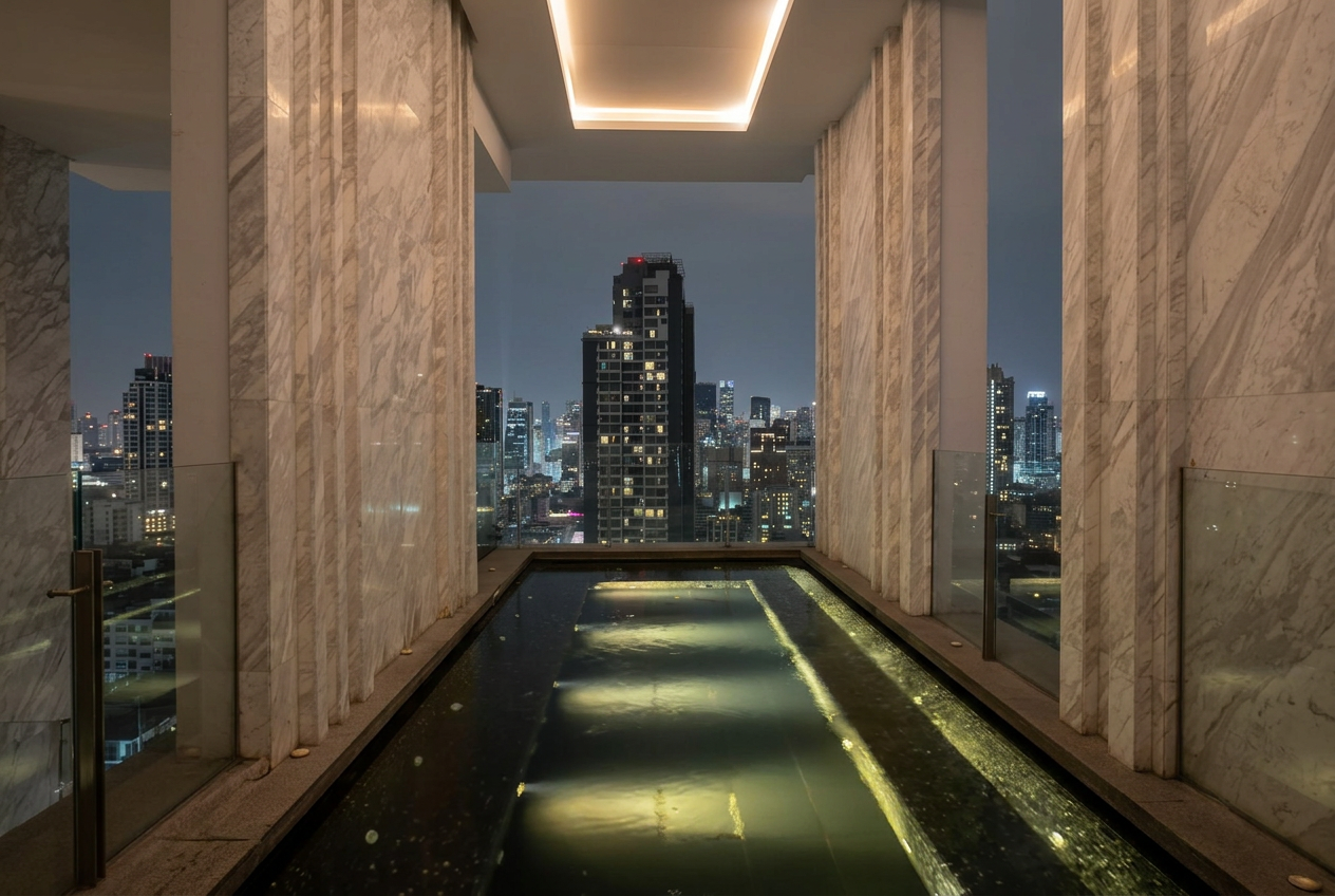 Rooftop hotel pool overlooking the city at dusk
